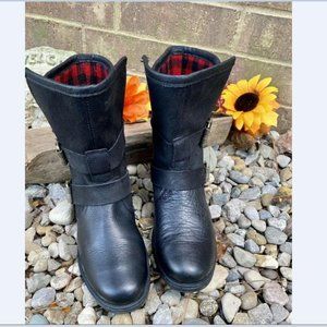 Sorel Major Moto Black and Red Plaid Belted Comfort Low Wedge Ankle Boots US 6.5